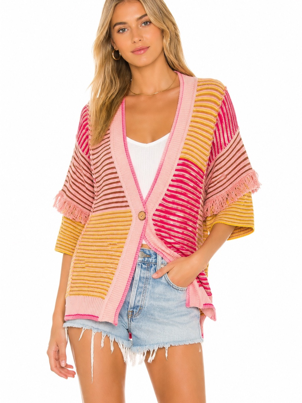 Gabby Isabella Colorblock Rib Knit Cardigan Sweater Pink Yellow Fringe